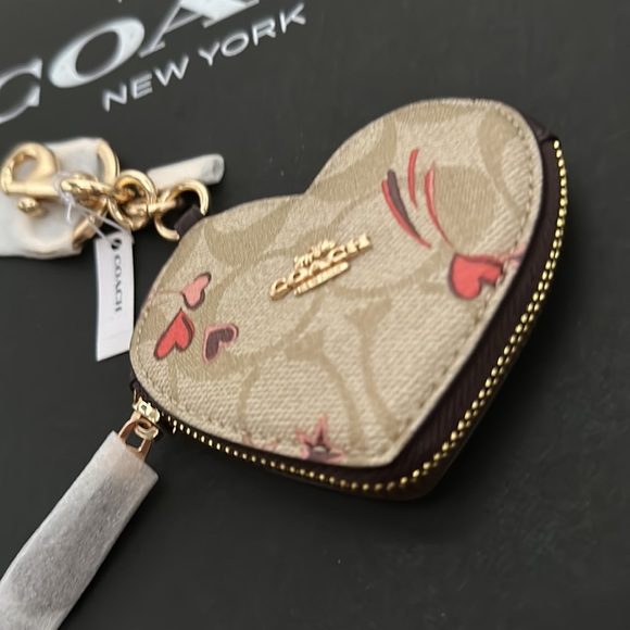 Coach Heart Pouch Bag Charm Signature Canvas Coin Heart Star Print Fob Keychain - Picture 3 of 5